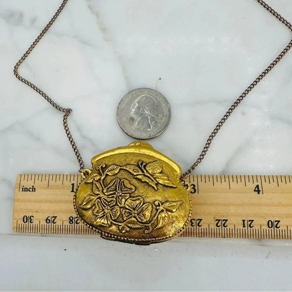 Vintage Corday Perfume Purse Necklace Butterfly Gold Tone Signed 24” Chain